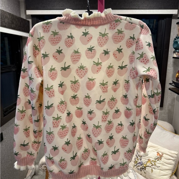 Strawberry Print Cardigan Sweater - Pink & Cream XS - Picture 2 of 4